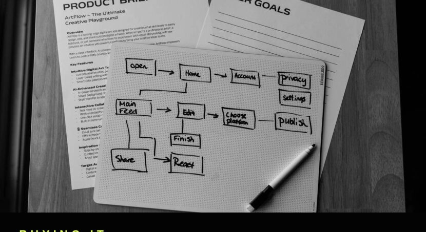 Black and white photo of a product brief and workflow diagram