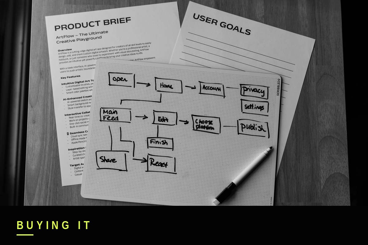 Black and white photo of a product brief and workflow diagram