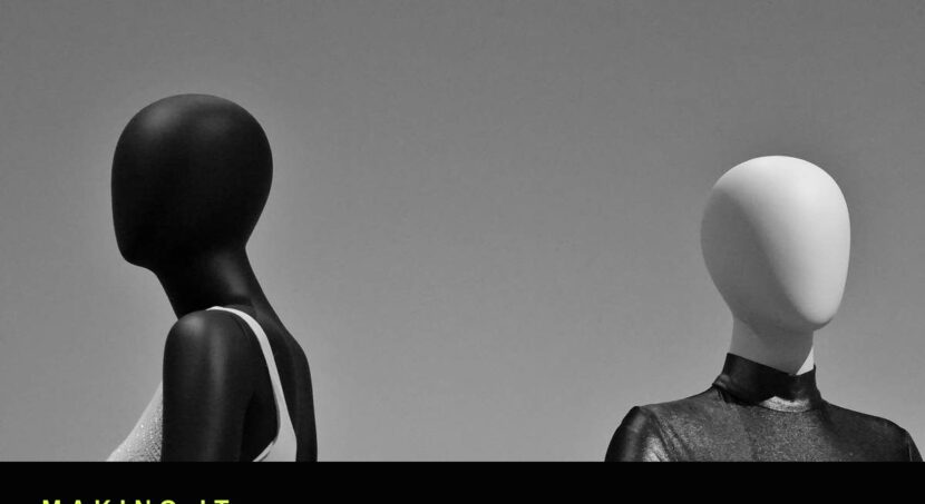 Black and white photo of paired mannequins representing real product versus AI-generated model
