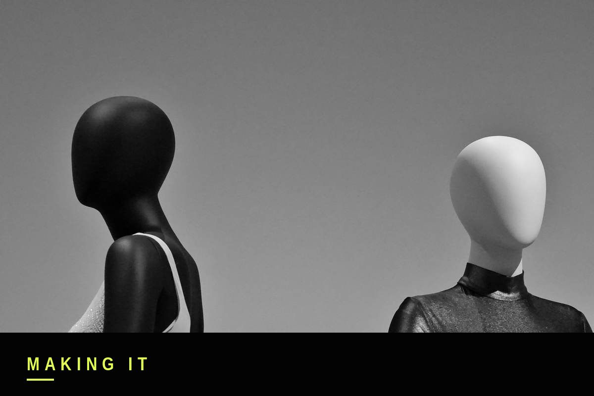 Black and white photo of paired mannequins representing real product versus AI-generated model