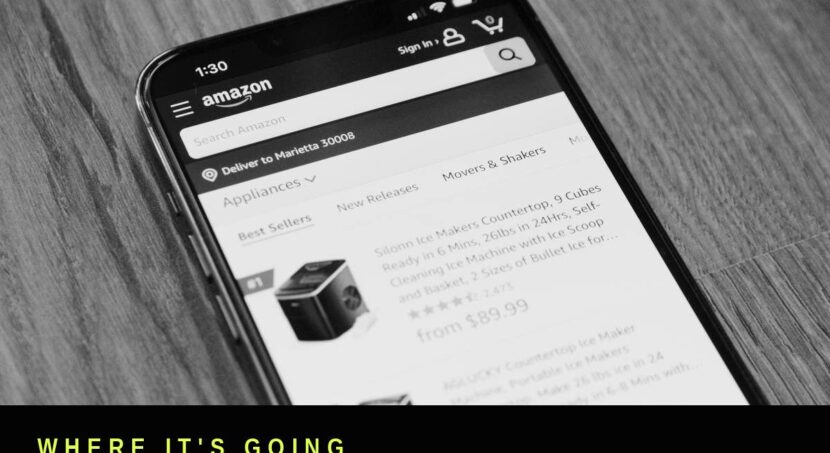 Black and white photo of a smartphone showing the Amazon shopping app, representing marketplace image compliance