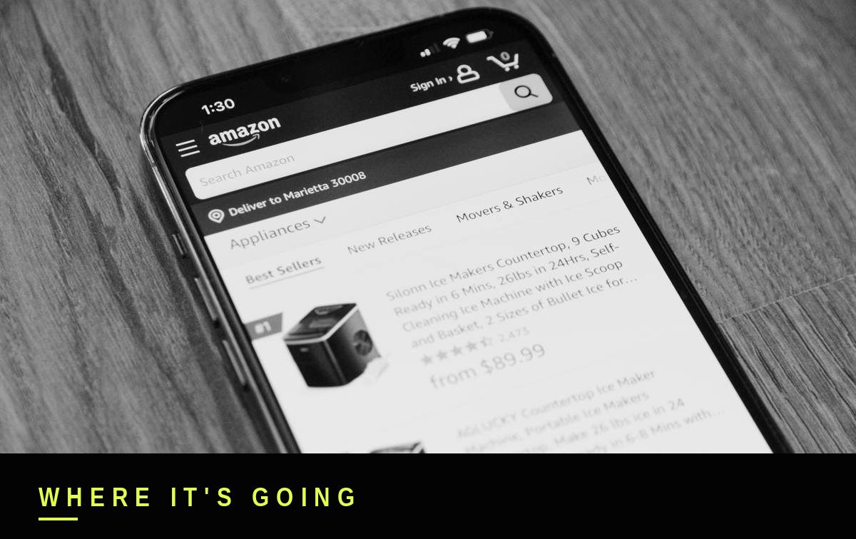 Black and white photo of a smartphone showing the Amazon shopping app, representing marketplace image compliance